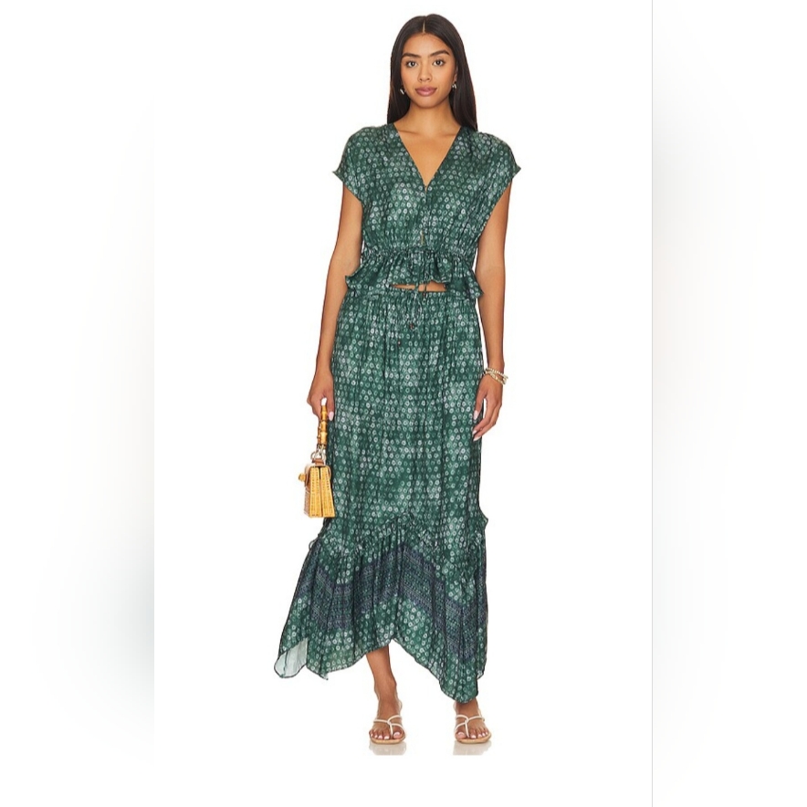 Nwot Free People Dreambound 2 Piece Maxi Skirt & Top Set In Emerald Combo Xs